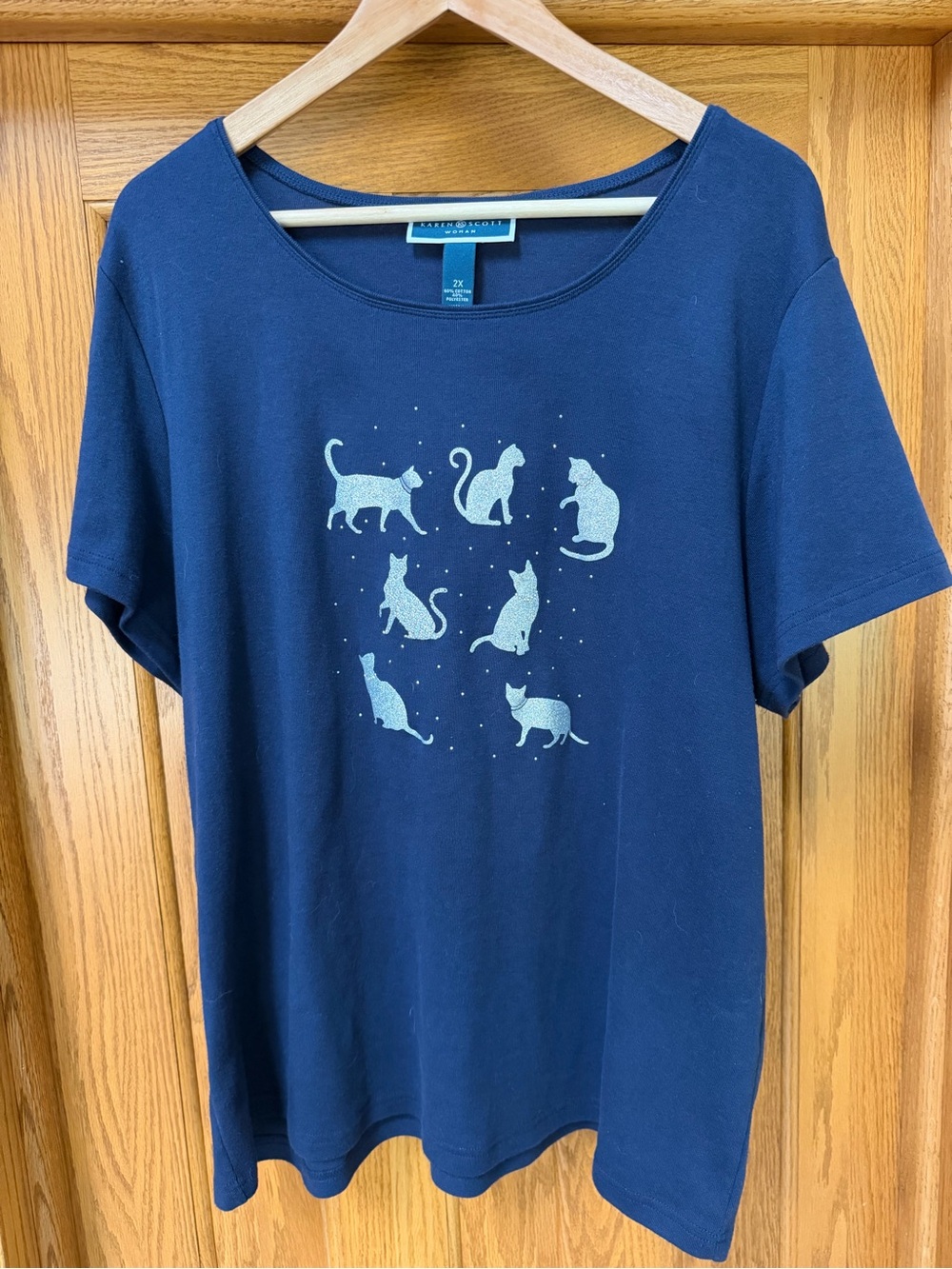 Karen Scott 2X Shiny Silver Cat Top Navy Blue Short Sleeve Cotton Blend